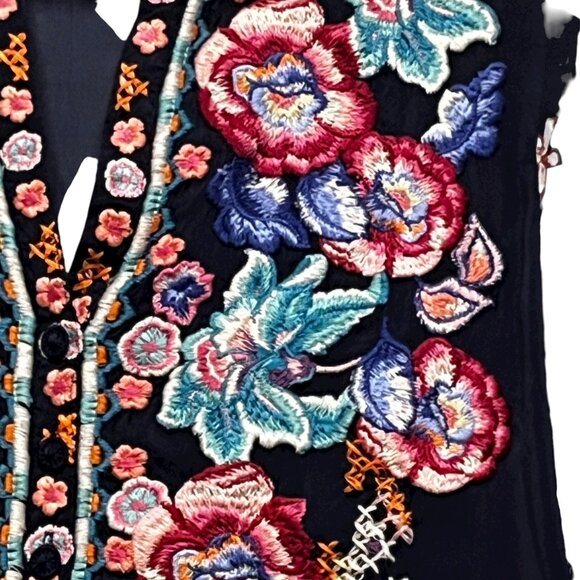 Johnny Was Embroidered Floral Tunic Shirt Navy Blue Long Sleeve V Neck‎ XS - Picture 6 of 12